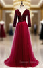 Fabulous Burgundy Tulle Velvet Long Sleeve V Neck Pleats Peom Dresses