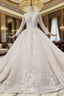 Fabulous Champagne Ball Gown Tulle Appliues Long Sleeve Beading Wedding Dresses