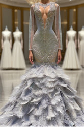 Fabulous Long Mermaid V-neck Sequined Beading Feather Tulle Prom Dresses with Sleeves