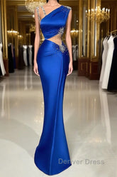 Fabulous Long Satin Column Mermaid Evening Prom Dresses With Beading