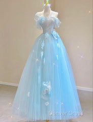 Fairy A Line Blue Floral Prom Dresses Evening Dresses