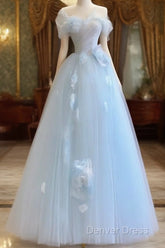 Fairy A Line Blue Floral Prom Dresses Evening Dresses