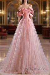 Fairy A Line Off The Shoulder Pink Tulle Prom Dresses For Teens