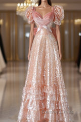 Fairy A Line Short Sleeves Sequin Long Prom Dresses