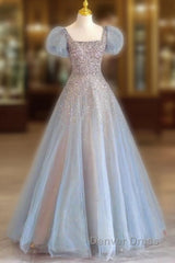 Fairy A Line Square Neckline Tulle Long Blue Prom Dresses