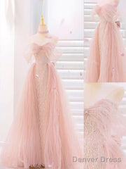 Fairy A Line Strapless Tulle Sequin Long Pink Prom Dress