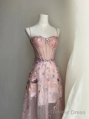 Fairy A Line Straps Long Pink Lace Prom Dresses