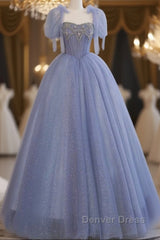 Fairy A Line Straps Tulle Long Blue Prom Dresses