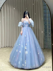 Fairy Ball Gown Blue Floral Tulle Prom Dresses Evening Dress