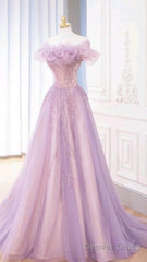 Fairy Ball Gown Off The Shoulder Lilac Tulle Prom Dresses Long Party Dress