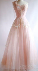 Fairy Ball Gown One Shoulder Pink Lace Prom Dresses Ankel Length Evening Dresses