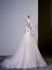 Fairy Ball Gown One Shoulder Pink Tulle Prom Dresses Long Party Dress