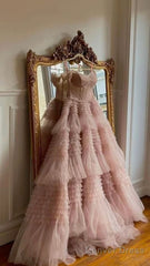 Fairy Ball Gown Strapless Pink Tiered Tulle Long Prom Dresses Evening Dress