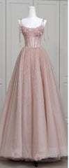 Fairy Ball Gown Straps Pink Tulle Prom Dresses Long Evening Dresses