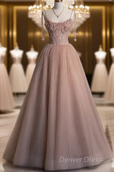 Fairy Ball Gown Straps Pink Tulle Prom Dresses Long Evening Dresses