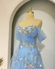Fairy Blue Tulle Off Shoulder Lace Embroidery Dresses