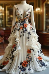 Fairytale A-Line Prom Dresses For Wedding Chiffon 3D Applique Evening Dresses