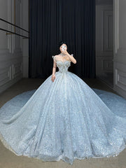 Fairytale Ball Gown Strapless Neckline Sequin Light Sky Blue Long Wedding Dresses Brides Dress