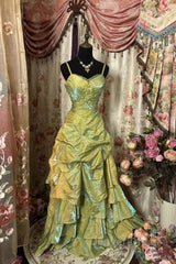 Fairytale Sage A-Line Mask Prom Dresses Beaded Satin Evening Gown For Birthady&Graduation