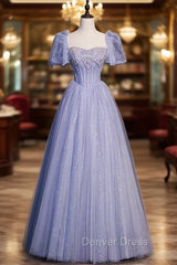 Fancy Blue Tulle Sequins Puff Sleeve Beading Prom Dresses