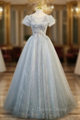 Fancy Gray Tulle Sequins Short Sleeve Beading Prom Dresses