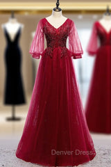 Fancy Tulle V-neck Half Sleeve Beading Prom Dresses