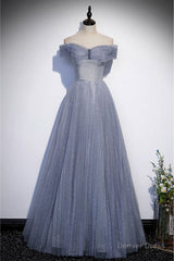 Fantasy Dusty Blue Bling Tulle Prom Dress Off Shoulder With Bling