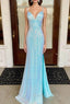 Fantasy Prom Dress, Sheath Column V Neck Spaghetti Straps Sweep Train Sequined Prom Dresses With Split