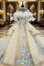 Fashion Champagne Ball Gowns Tulle Appliques Short Sleeve Wedding Dresses With Long Train