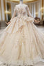Fashion Champagne Ball Gowns Tulle Sequins Long Sleeve Appliques Wedding Dresses