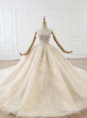 Fashion Dark Champagne Tulle Sequins Beading Wedding Dress With Train
