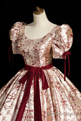 Fashion Floor-Length Printing Prom Dresses, Square Neckline Short Sleeve Backless Bow Sash Prom Formal Dresses