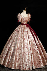 Fashion Floor-Length Printing Prom Dresses, Square Neckline Short Sleeve Backless Bow Sash Prom Formal Dresses