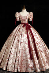 Fashion Floor-Length Printing Prom Dresses, Square Neckline Short Sleeve Backless Bow Sash Prom Formal Dresses