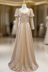 Fashion Gold Square Long Sleeve Prom Dresses