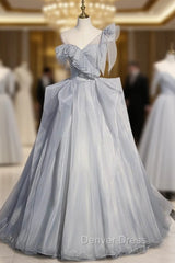 Fashion Gray Organza One Shoulder Prom Dresses