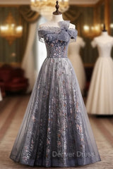 Fashion Gray Tulle Off the Shoulder Beading Prom Dresses