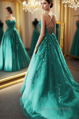 Fashion Green Lace Appliques Open Back Tulle Long Prom Dresses, Green Lace Formal Dresses, Green Evening Dresses