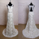 Fashion Ivory Lace Elegant Scoop Neck Open Back Vintage Column Sweep Trailing Wedding Dresses,