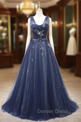 Fashion Navy Blue Tulle Sequins V-neck Prom Dresses