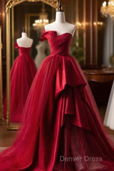 Fashion Tulle Satin Long Evening Dresses Red Prom Dresses