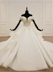 Fashion White Ball Gown Tulle Off the Shoulder Wedding Dress With Beading