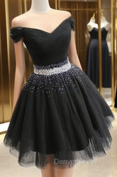 Fashionable Black Short Beaded Party Dresses, Black Prom Dresses