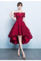 Fashionable High Low Dark Red Lace Party Dress, Homecoming Dresses