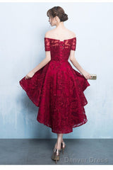 Fashionable High Low Dark Red Lace Party Dress, Homecoming Dresses