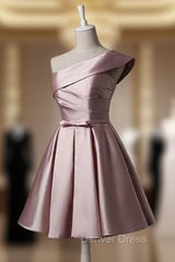 Fashionable Pink Knee Length Satin Short Prom Dresses, One Shoulder Bridesmaid Dresses