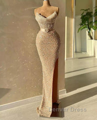 Strapless Sweetheart Mermaid Prom Dresses with Long Beads and Sequins