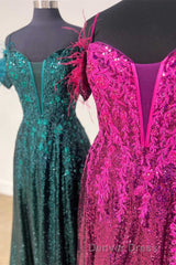 Feathered Cold Shoulder Sequin Long Prom Dresses with Appliques