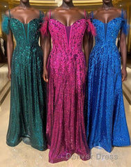 Feathered Cold Shoulder Sequin Long Prom Dresses with Appliques