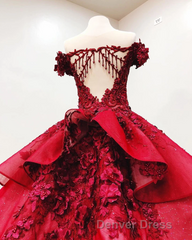 Ball Gown Off the Shoulder Prom Dresses with Beading, Puffy Long Quinceanera Dresses